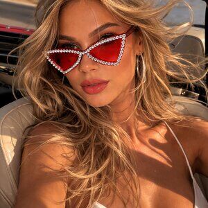 Scarlet Seduction: Red Rhinestone Cat Eye Sunglasses